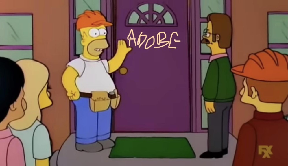 Homer Simpson waving at a purple door with Adobe written on it